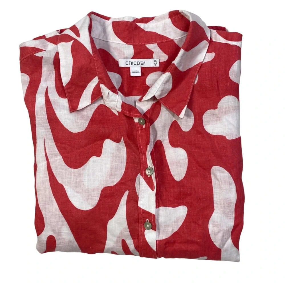Chicos Abstract Swirl 100% Linen Button Down Shirt Size 1.5 US 10 Costal Vacay - Picture 7 of 7